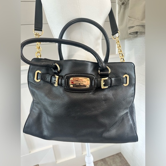 Elegant Michael Kors Hamilton Large Tote Black Pebbled Leather Gold Hardware EUC - Picture 1 of 13